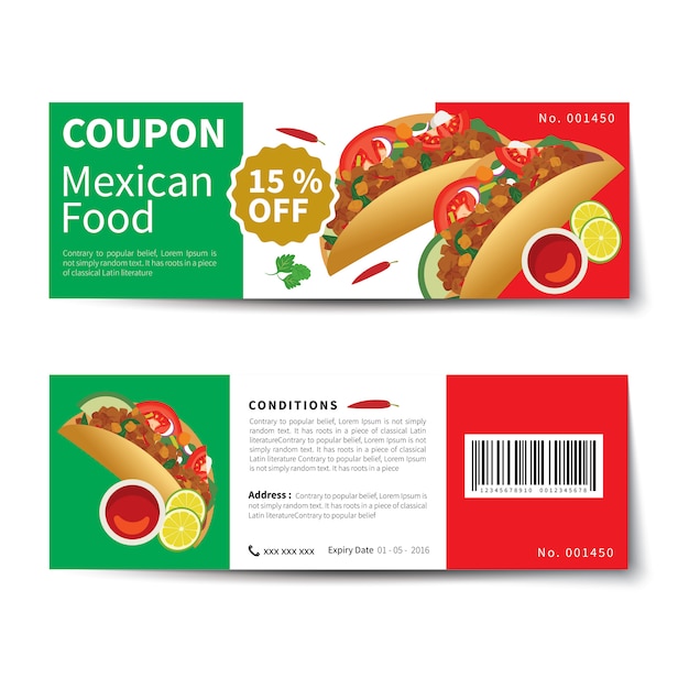 Mexican food coupon discount template flat design