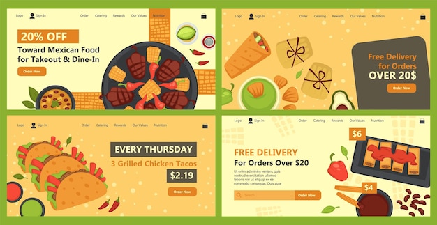 Vector mexican food delivery service offer web page set