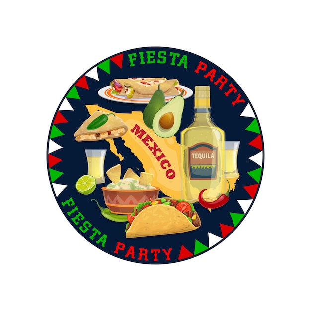 Vector mexican food, drink and mexico map, fiesta party