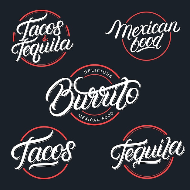 Vettore cibo e bevande messicane tequila, tacos, burrito lettering loghi impostati. stile vintage. calligrafia moderna.