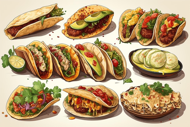 Mexican food featuring tacos burritos nachos burgers and more Flat lay Mexican pork carnitas tacos v