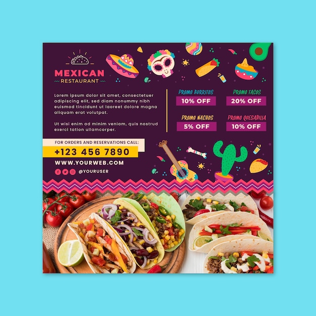 Vettore modello di volantino di cibo messicano con foto