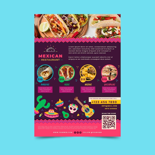 Vector mexican food flyer template with photo