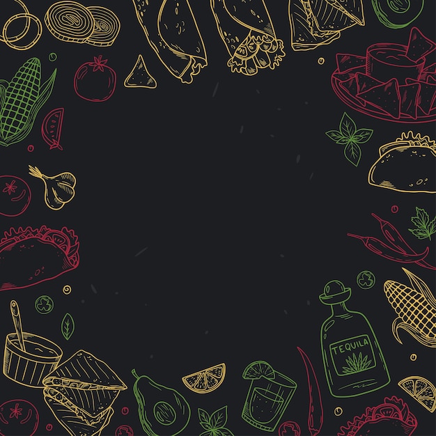 Mexican food frame on black background. Cuisine mexicaine. Linear graphics. Hand drawn outline