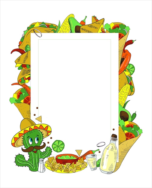 mexican food frame with cartoon sketch illustrations vector set