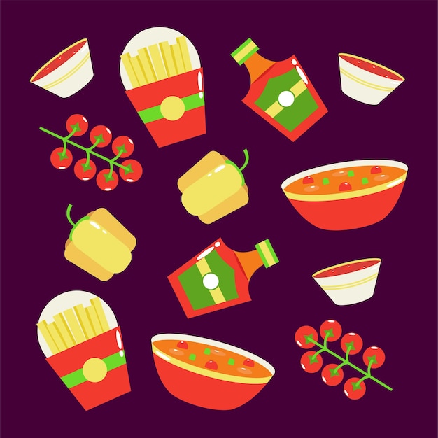 Mexican food French fries porridge ketchup and vegetables pattern