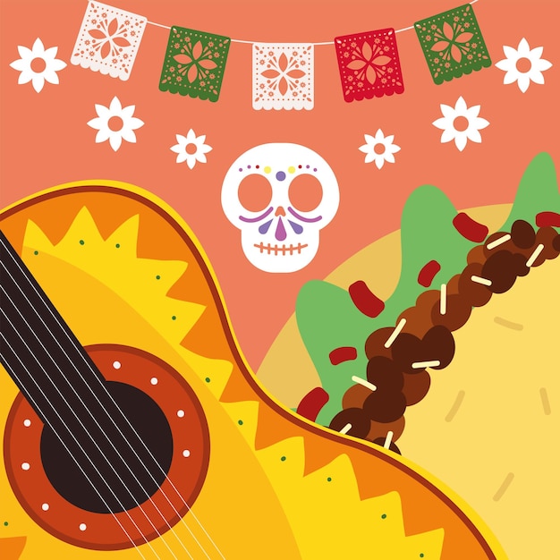 Vettore cibo messicano e chitarra