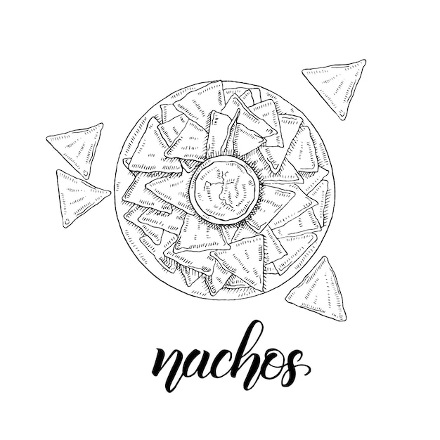 Mexican Food. Hand drawn nachos in sketch style isolated on white. Hand made lettering.