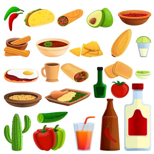 Vector mexican food icons set, cartoon style