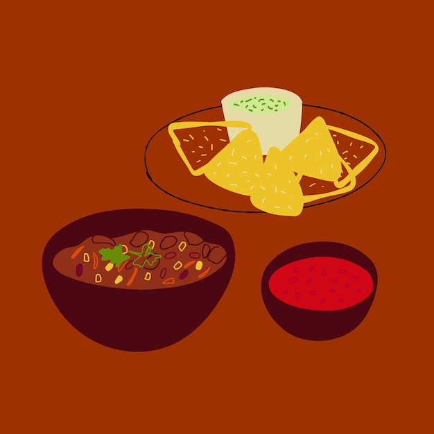 Vector mexican food illustration chili con carne and nachos with guacamole on red background
