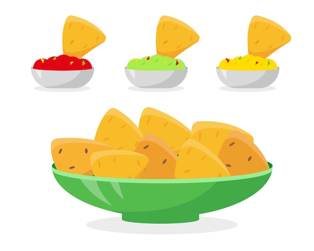 Иллюстрация мексиканской кухни. начос в тарелке и разные соусы к нему.