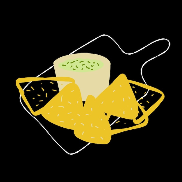 Mexican food illustration nachos with guacamole sauce on black background