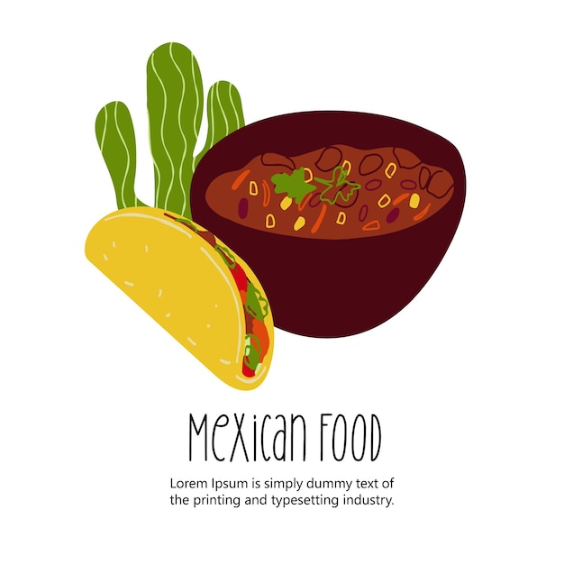 Mexican food illustration Tacos and Chili Con Carne isolated on white background