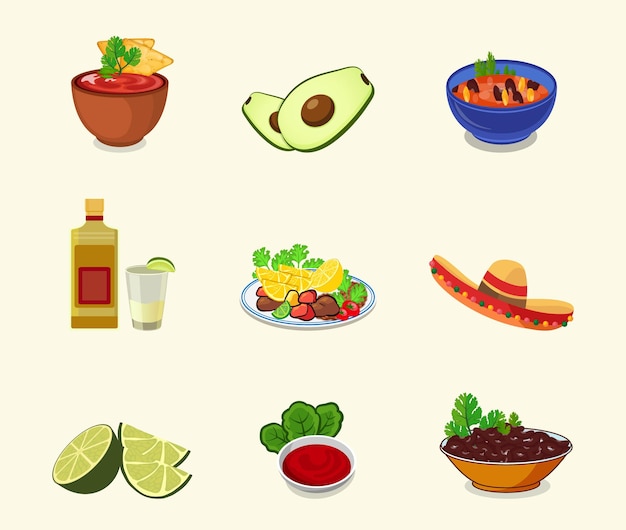 Vector mexican food illustration vector big set restaurant mexican sombrero spice tasty foods tomato