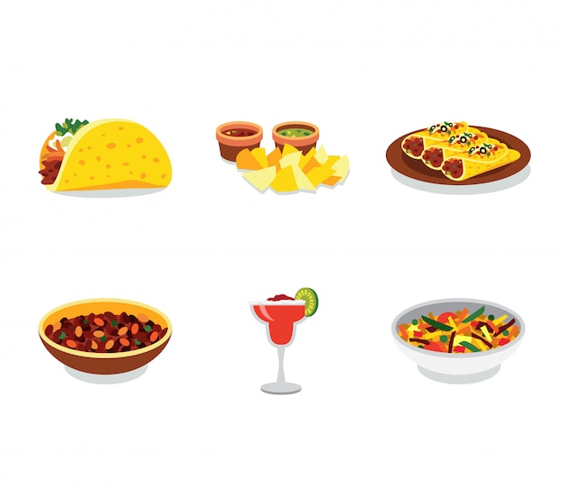 Mexican food  mini set with traditional meal and ingredients isolated