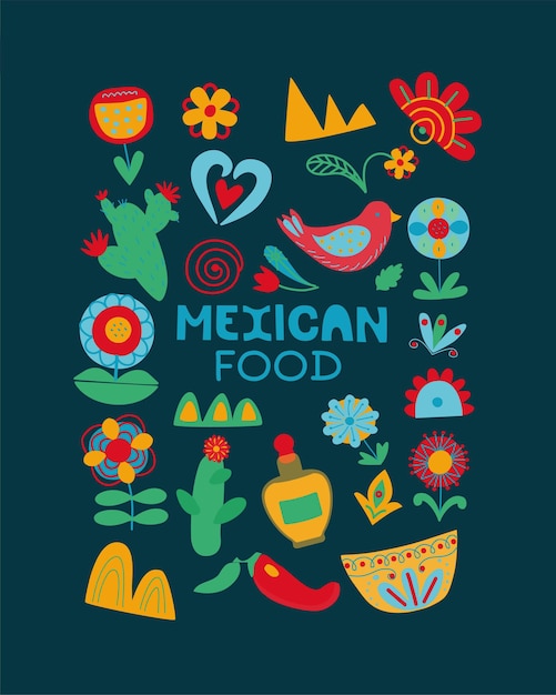 Mexican food national holiday folk style Mexico cactus flowers postcard concept