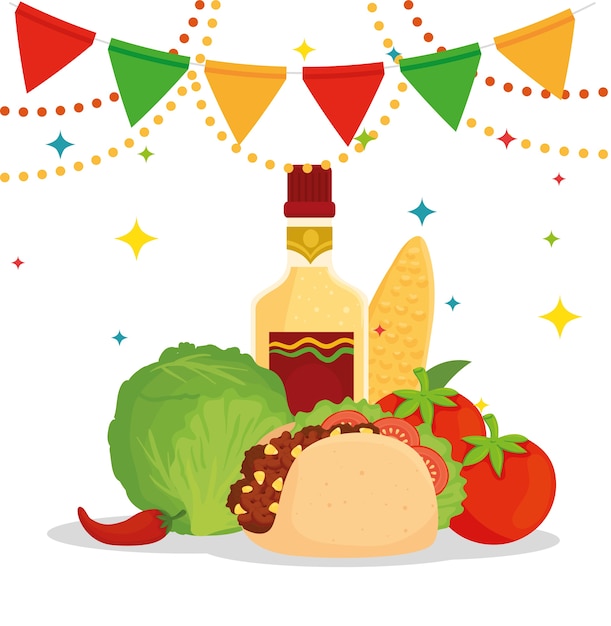 Плакат мексиканской кухни с тако, овощами, бутылкой текилы и гирляндами