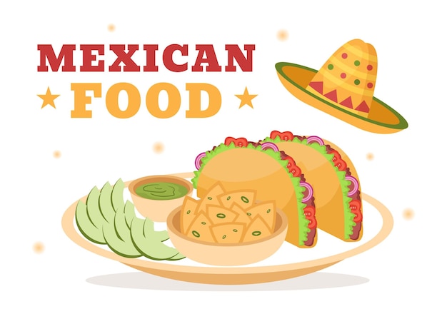 Mexican Food Restaurant with Various of Delicious Traditional Cuisine on Flat Illustration