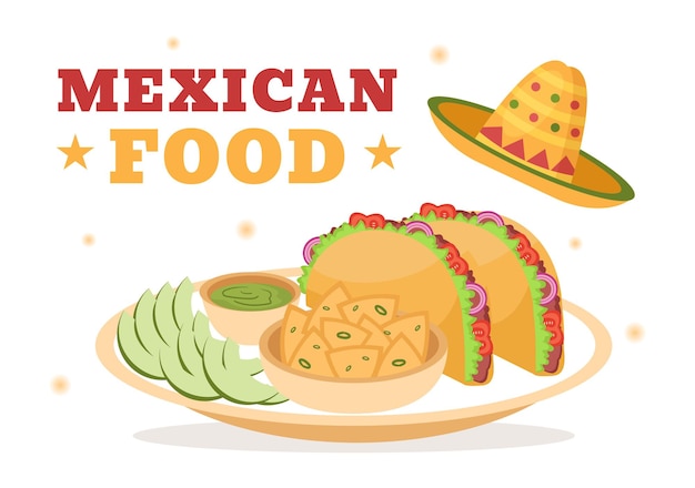 평면 그림에 맛있는 전통 요리의 다양한 멕시코 음식 레스토랑