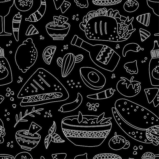 Mexican food seamless pattern for menu design engraved style image in black background different mex