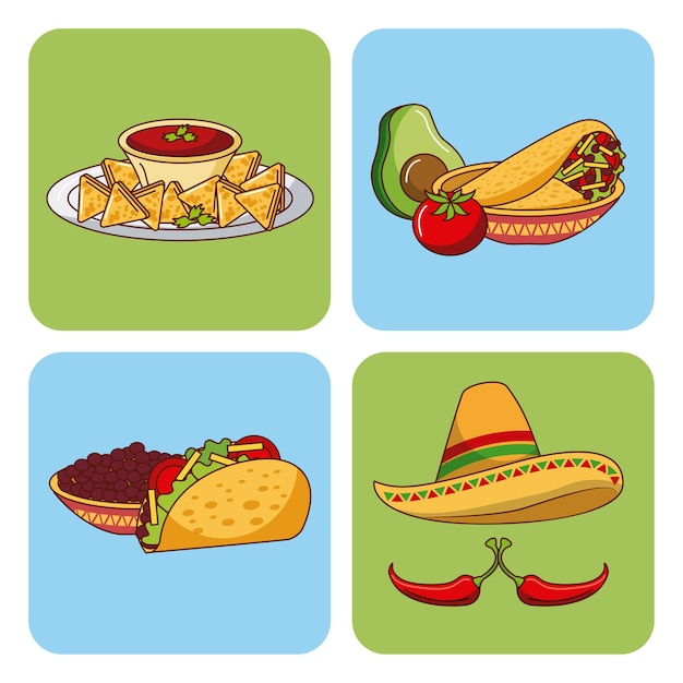 Vector mexican food set icons menu ingredients spicy