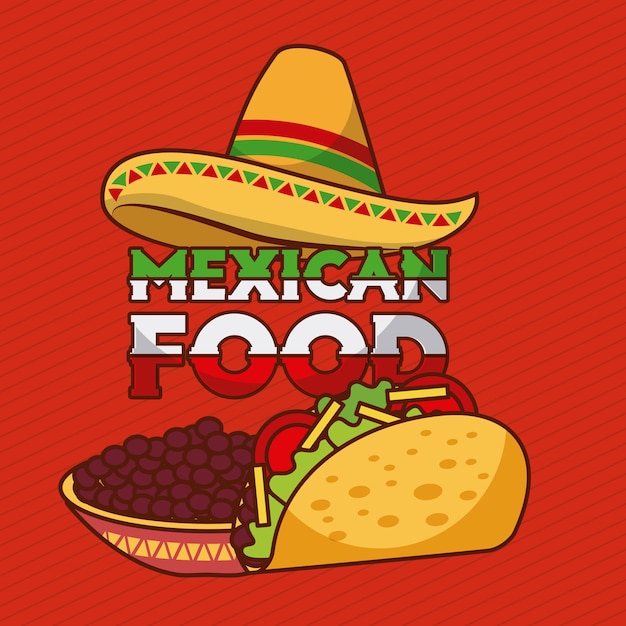 Mexican food tacos and beans in bowl with hat decoration