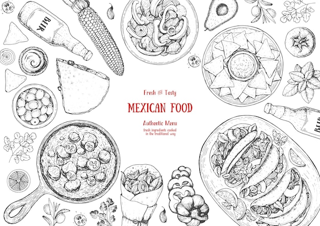 Vector mexican food top view frame a set of mexican dishes with quesadillas burritos nachos fajitas food menu design templatevintage hand drawn sketch vector illustrationmexican cuisine engraved image