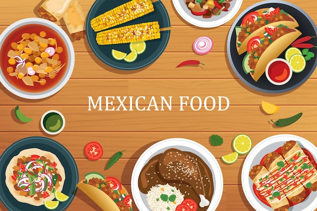 Mexican food on a wooden background.vector mexican food top view.