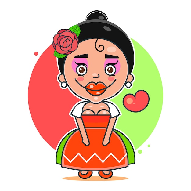 彼女の頭のロゴにバラを持つメキシコの女の子。メキシコのファーストフードのロゴタイプテンプレート。グリーティングカード、ポスター、Tシャツの印刷に適したベクトルイラスト。
