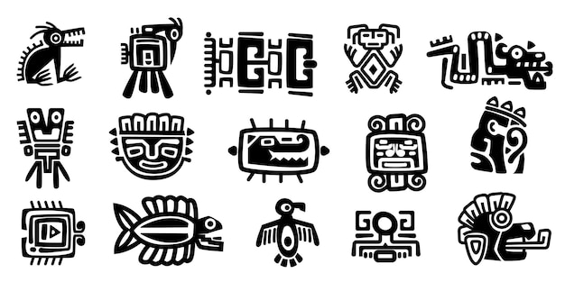 Mexican gods symbols Abstract aztec animal bird totem idols ancient inca maya civilization primitive traditional signs Vector collection