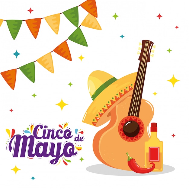 メキシコのギターハットチリとテキーラボトルのシンコデマヨ