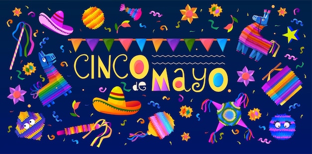 Sfondo di pinata vacanza messicana cinco de mayo compleanno messico design con asino e coriandoli fiesta e carnevale con caramelle e giocattoli di carta poster di volantino vettoriale piatto cartone animato