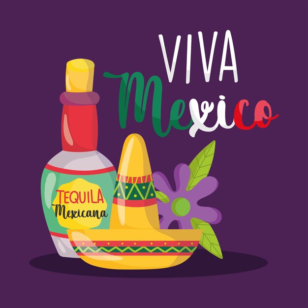 Mexican independence day, tequila bottle drink hat and flower, viva mexico is celebrated on september illustration