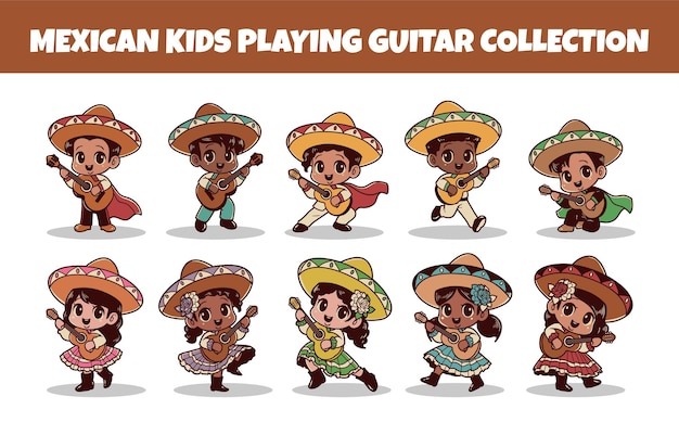 Vector mexican kids playing guitar vector illustration set