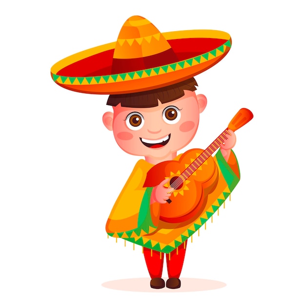 다채로운 판초와 솜브레로를 가진 멕시코의 귀여운 소년 기타에서 노는 어린 소년