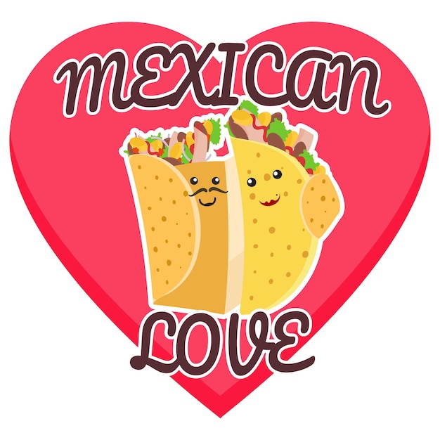 Vector mexican love symbol with hugging burrito and taco