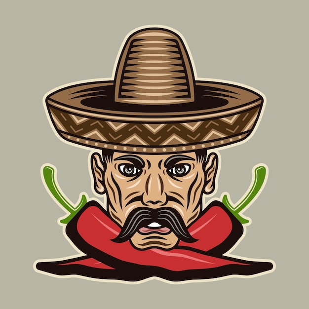 Testa di uomo messicano con baffi in cappello sombrero e due peperoncini incrociati illustrazione vettoriale in stile cartone animato colorato isolato su sfondo chiaro