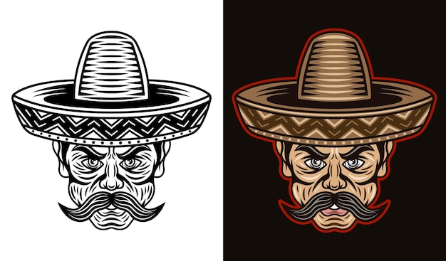 Testa di uomo messicano con baffi e cappello da sombrero in due stili nero su bianco e colorato su sfondo scuro illustrazione vettoriale