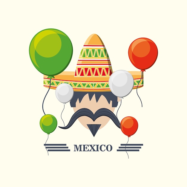 Mexican man icon and balloons around over white background