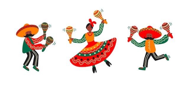 Вектор Мексиканец в сомбреро и женщины в красочных платьях танцуют с традиционными красочными маракасами