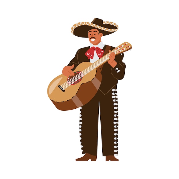 Vettore uomo messicano in costume nazionale che suona la chitarra piatta illustrazione vettoriale isolata