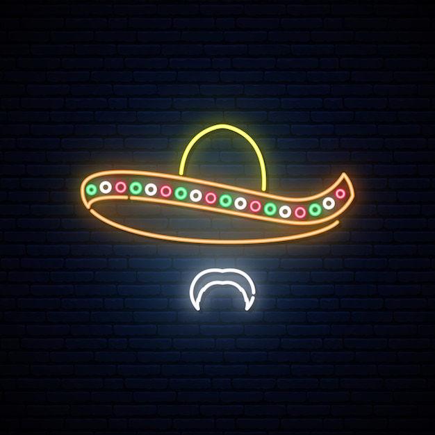 Mexican man in sombrero glowing neon vector.