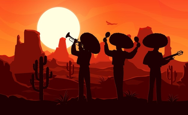 砂漠の日没にメキシコのマリアッチミュージシャンのシルエットがあり、サボテンと山のある人けのない美しい風景でマラカスギターとトランペットを演奏するソンブレロを着た男性トリオのベクター夕暮れのシーン