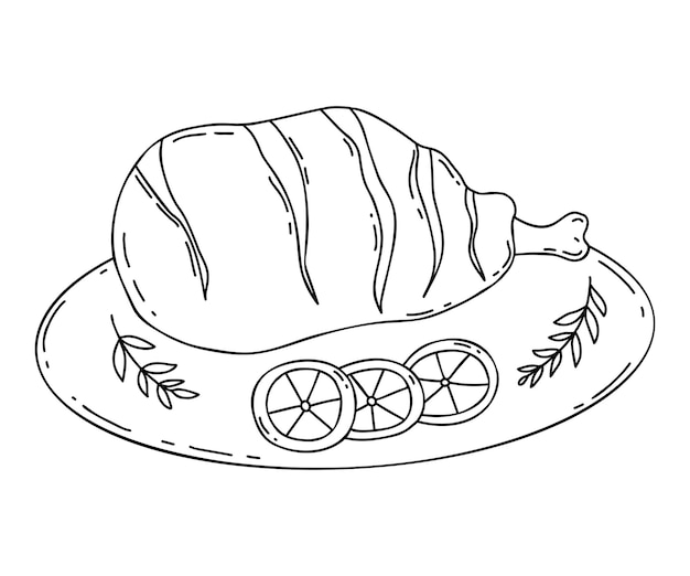 Мексиканская мясная еда жареная свиная ножка на гриле в тарелке с ломтиками лайма в стиле каракулей
