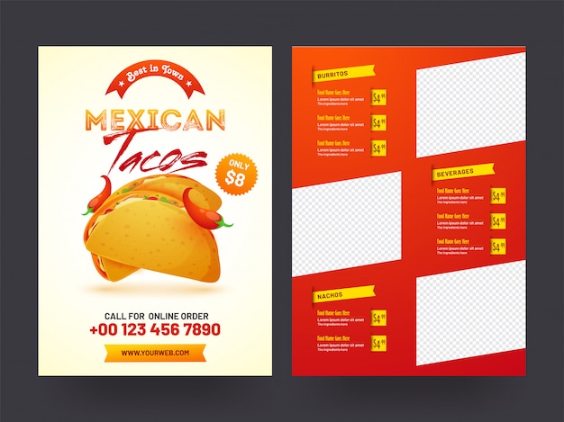 Mexican menu for restaurant and cafe.