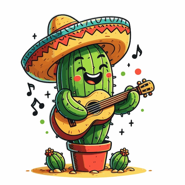 Mexican Musical Cactus Cartoon Guitarist for Cinco de Mayo Celebration