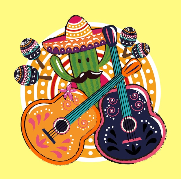 Vector mexican musician cactus with guitars in sombrero. mexican guy with mastaches. vector flat design.