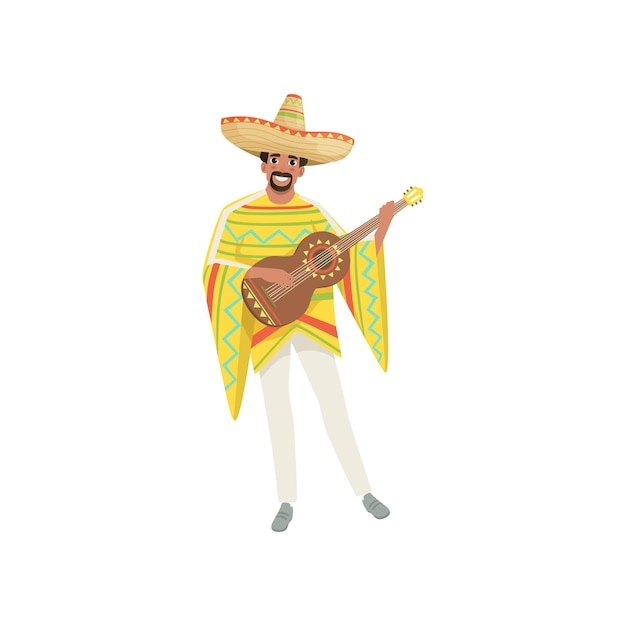 Mexican musician in traditional national clothes with guitar vector Illustration on a white background