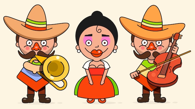 Vector mexican musicians illustration with two men and a woman with guitars in native clothes and sombrero flat 