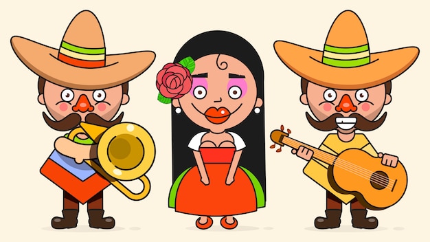 Vector mexican musicians illustration with two men and a woman with guitars in native clothes and sombrero flat